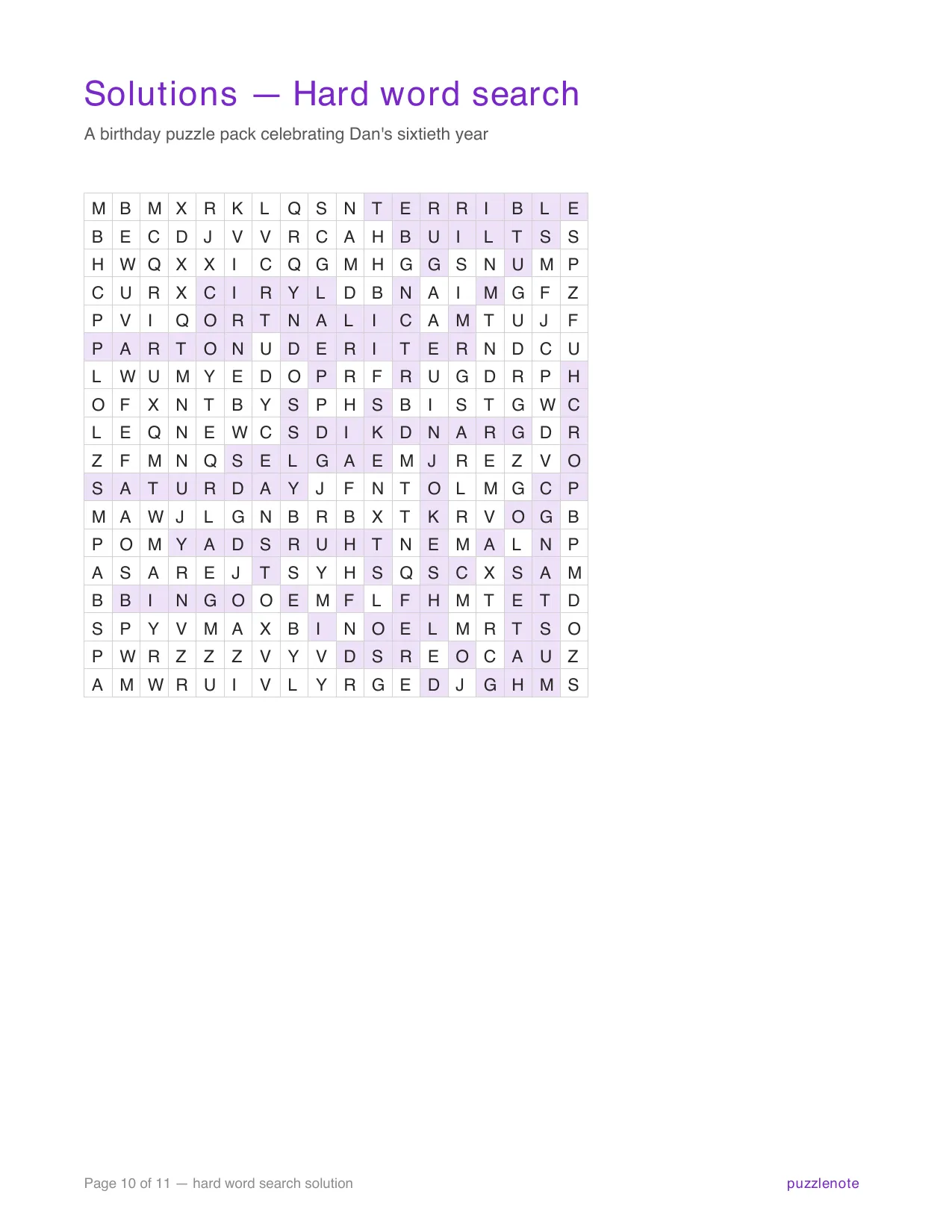Solution to the hard word search, answers highlighted.