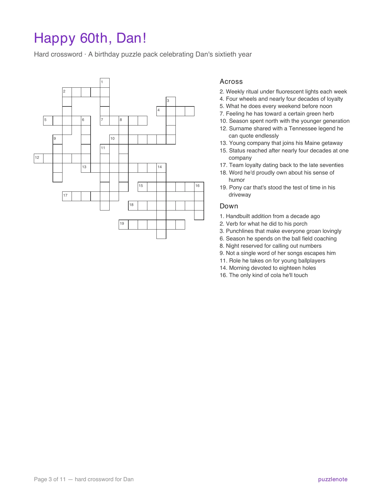 Hard crossword page: a crossword grid with numbered Across and Down clues written from the sample facts.