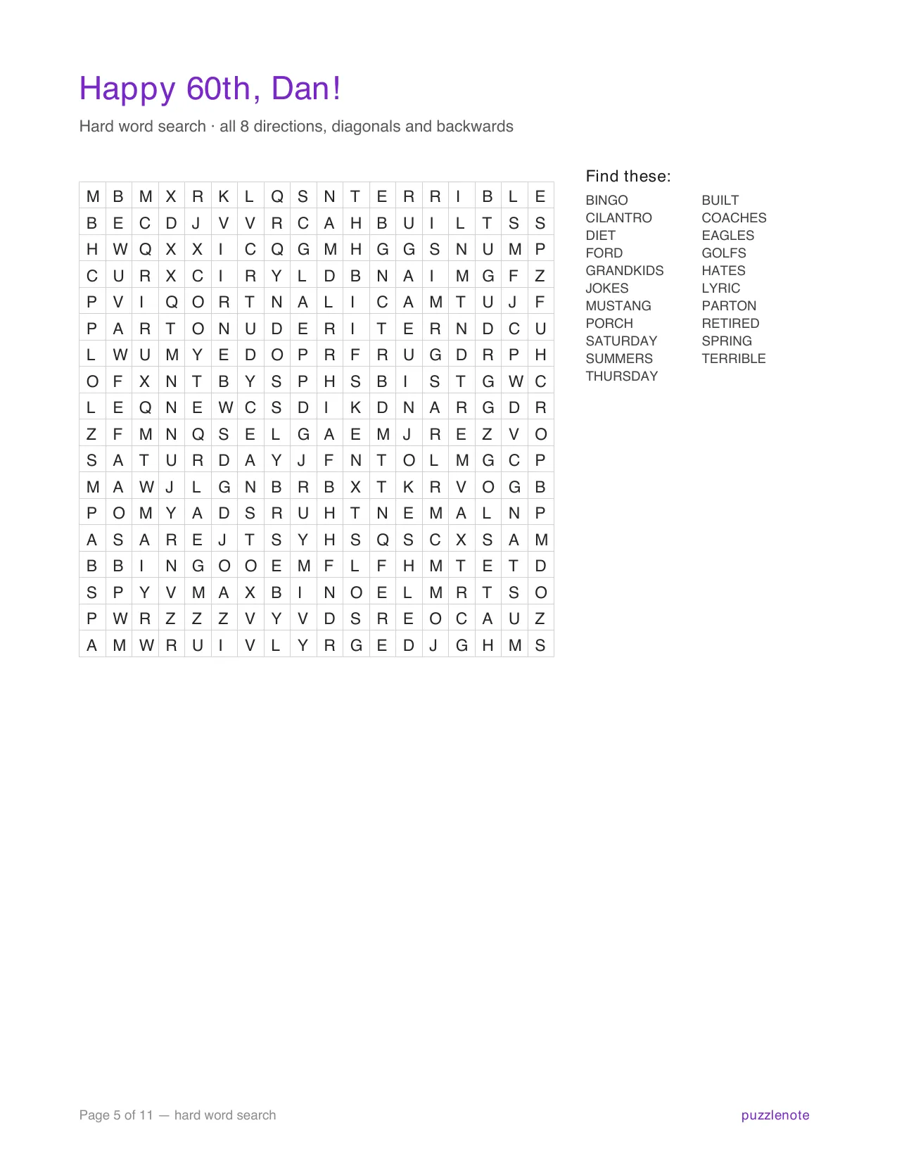 Hard word search page: an 18 by 18 letter grid with the list of words to find.