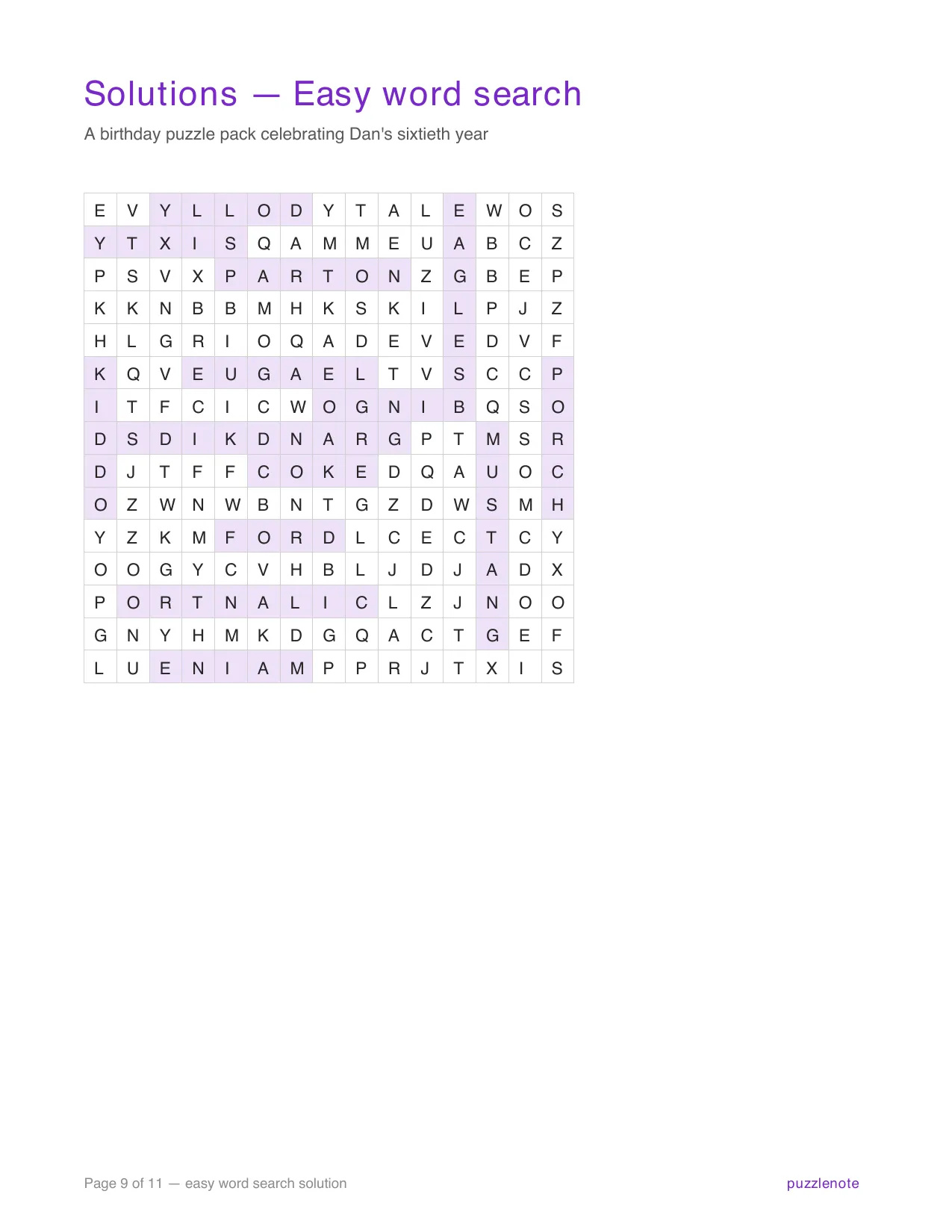 Solution to the easy word search, answers highlighted.